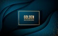 Dark abstract background with blue wave overlap layers. Realistic dimension rectangle shape with golden glitters dots element