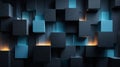 Dark abstract background featuring a complex three dimensional arrangement of textured geometric cubes illuminated by contrasting Royalty Free Stock Photo