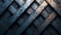 Dark abstract background featuring metal strips crossing diagonally. This surface has a rough texture with rust and worn details. Royalty Free Stock Photo