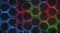 Abstract Hexagonal Grid with Neon Glowing Edges and Glitch Effects, Futuristic Background Royalty Free Stock Photo