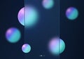 Dark abstract background with glass morphism effect, consisting of translucent vertical glass panel and floating gradient spheres. Royalty Free Stock Photo