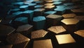 Dark abstract background with shimmering hexagonal prisms in blue gold Royalty Free Stock Photo