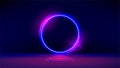 Dark abstract furistic background with circle gate. Vector neon gloving ring in dark room. Round light frame for text Royalty Free Stock Photo