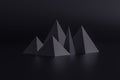 Dark abstract geometric background with three-dimensional solid figures. Pyramid prism arranged on dark gray background