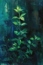 Dark abstract painting depicting green plants with a blue-toned background.