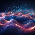 Dark abstract particles background with glowing wave. Shiny moving lines design element. Modern purple blue gradient