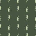 Dark abstract seamless pattern with decorative simple pear silhouettes. Green olive background