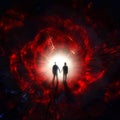 Dark abstract tunnel background. Red Bright Light with man and woman standing Royalty Free Stock Photo