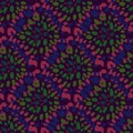 Dark african native seamless pattern with point circles. Ornament in purple and green tones on maroon background