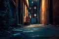 Dark Alley Ambiance. Weathered urban scenery with graffiti storytelling. Midnight allure in the cityscape. Generative AI Royalty Free Stock Photo