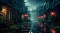 Dark alley in cyberpunk city, gloomy deserted street with plants Royalty Free Stock Photo