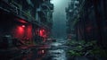 Dark alley in dystopian cyberpunk city at night, gloomy street with buildings overgrown with plants. Scenery of grungy industrial