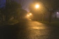 Dark alley iluminated by street lamps