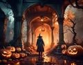 Dark alley with jack-o-lanterns, autumn trees, and spooky silhouette. Concept of Halloween. Digital illustration. CG Artwork