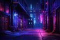 Dark Alley With Neon Lights and Buildings, An Urban Nightscape Picture, Street in cyberpunk dystopian city at night, dark alley in Royalty Free Stock Photo