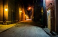 Dark alley at night in Hanover, Pennsylvania.