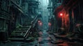 Dark alley overgrown with grass in cyberpunk city in rain, gloomy dirty wet street. Moody view of old spooky vintage buildings.