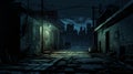 A dark alleyway with flickering streetlights casting eerie shadows on the walls, suggesting danger