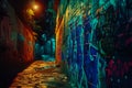 Dark alleyway with walls covered in graffiti art