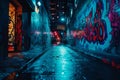 Dark alleyway with walls covered in graffiti art Royalty Free Stock Photo