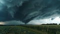 Dark angry clouds hover above a peaceful countryside as a massive funnel cloud descends from the sky Royalty Free Stock Photo