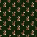 Dark animal exotic seamless pattern with doodle brown tiger print. Green background. Zoo backdrop