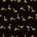 Dark animal safari seamless pattern with cartoon green random giraffe print. Black background