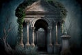 dark antique arches of ancient tomb in cemetery