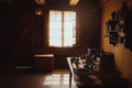 Dark antique kitchen with natural window light, Fort Langley BC, Canada