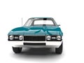 Dark aqua blue vintage restored muscle car - front view closeup shot