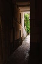 The dark arch in the Italian house. Typical Italian narrow street. Royalty Free Stock Photo