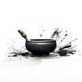 Dark artistic representation of a singing bowl with a wooden striker and ink splashes Royalty Free Stock Photo