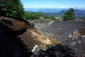 Dark ash and frozen lava ravine on side of Villarrica volcano along Villarrica Traverse hiking trail
