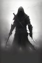 dark assassin, ninja in the fog, hooded warrior