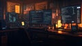 A dark and atmospheric programmer's workspace featuring multiple monitors and code displays Royalty Free Stock Photo