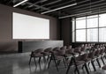 Dark auditorium interior with chairs and panoramic window, mock up banner