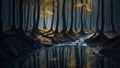 A dark autumn forest with a stream of water between the trees. Sunlight barely penetrates the dense trees. AI generation