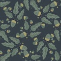 Dark autumn seamless pattern with hand drawn oak tree leaves and acorns shapes. Navy blue background Royalty Free Stock Photo