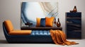 Dark Azure And Dark Amber Orange Sofa With Blue Cushion