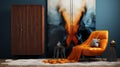 Dark Azure And Dark Amber Uhd Image Of Hand-painted Orange Chair And Art