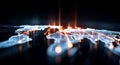 On a dark background, an abstract world map serves as the central point from which bright blue and orange light rays radiate Royalty Free Stock Photo