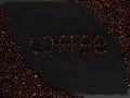 Dark background with coffeeped phrase Coffe. Black texturised background with coffee beans.