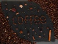 Dark background with coffeeped phrase Coffe. Black texturised background with coffee beans and spices.