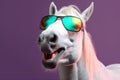portrait horse fun background animal goggles colourful sunglasses dark funny smile. Generative AI.