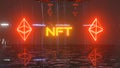 Dark background with a column and a luminous ethereum sign and the inscription nft in a glass showcase. cryptocurrency concept. 3d