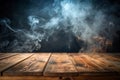 empty wooden table with smoke float up on dark background Empty Space for display your products Royalty Free Stock Photo