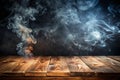 empty wooden table with smoke float up on dark background Empty Space for display your products Royalty Free Stock Photo