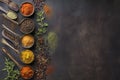 Dark background enhances the beauty of spices and herbs