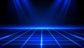 Blue Neon Grid Floor with Spotlight Beams on a Dark Background image photo Royalty Free Stock Photo