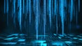 A dark background featuring streams of binary code and data, illustrating the digital world and information processing.